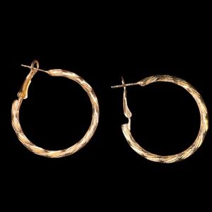 Elegant Gold Tone Hoop Earrings w/ Swirl Texture Snap Closure ~1.5 in Diameter